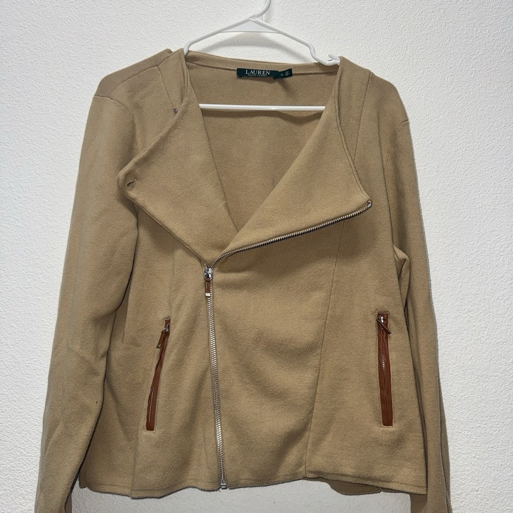 Lauren Ralph‎ Lauren Moto Style Jacket XL Tan Khaki Angle Zip Camel Asymmetrical